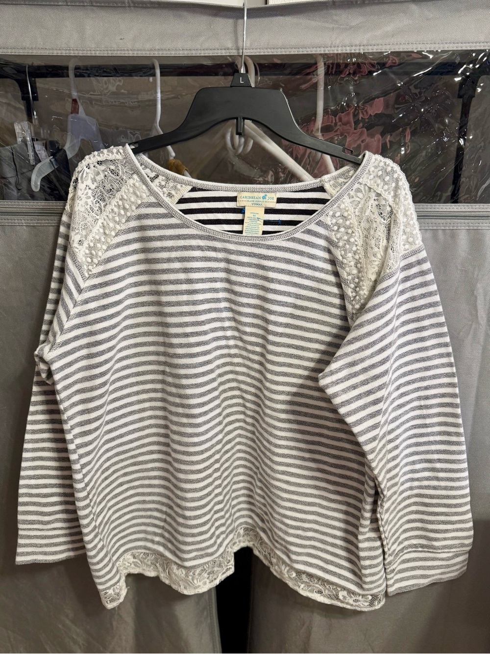 Caribbean Joe Gray & White Striped Lace-Shoulder Sweatshirt